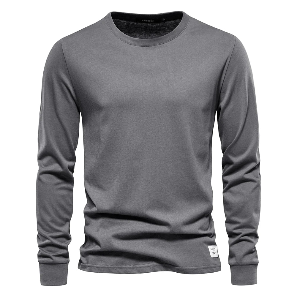 AIOPESON Camiseta de algodón lisa para hombre, cuello redondo, manga larga, casual, primavera-otoño, alta calidad