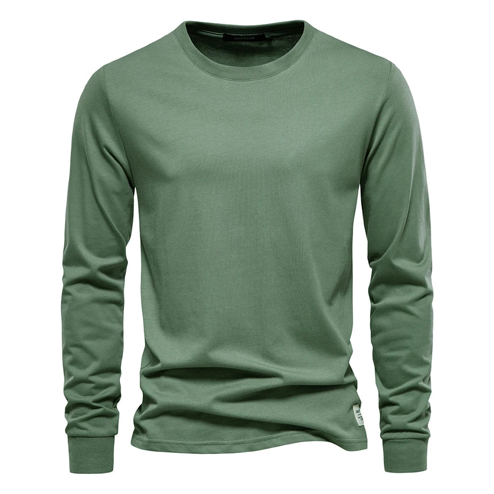 AIOPESON Camiseta de algodón lisa para hombre, cuello redondo, manga larga, casual, primavera-otoño, alta calidad