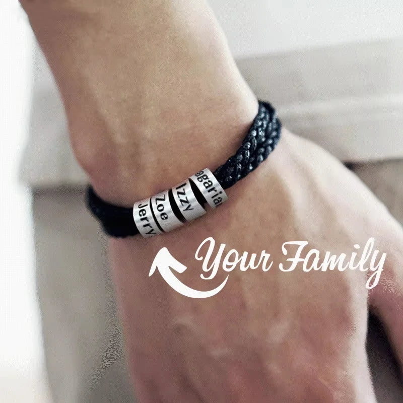 MaiLun Pulsera trenzada para hombre con cuentas de nombres familiares personalizados, joya regalo para padre o novio