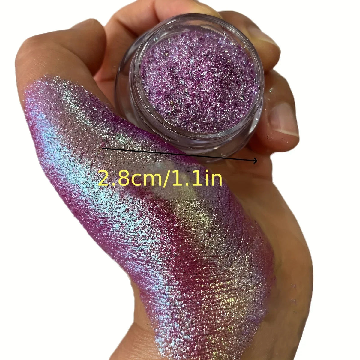 Polvo glitter aurora camaleón vibrante, degradado multicolor, tonos mora, morado, azul y verde, maquillaje corporal deslumbrante