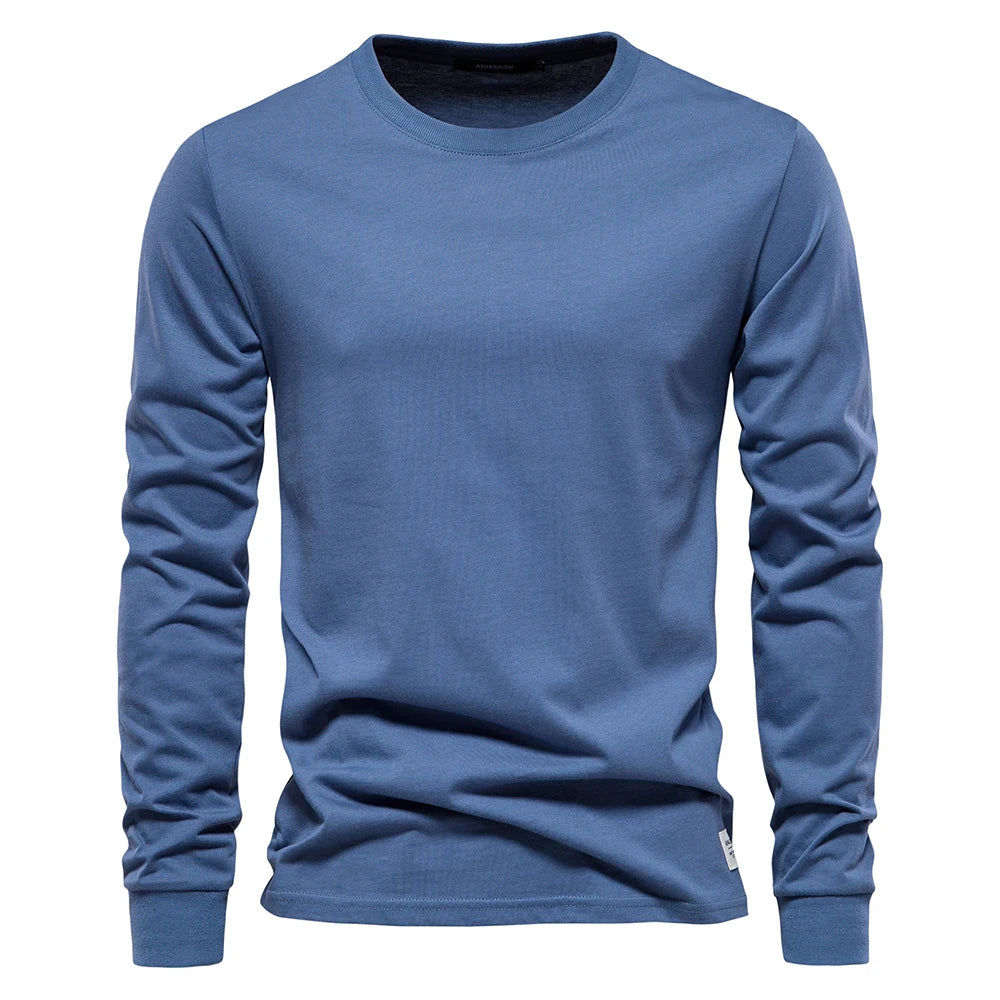 AIOPESON Camiseta de algodón lisa para hombre, cuello redondo, manga larga, casual, primavera-otoño, alta calidad