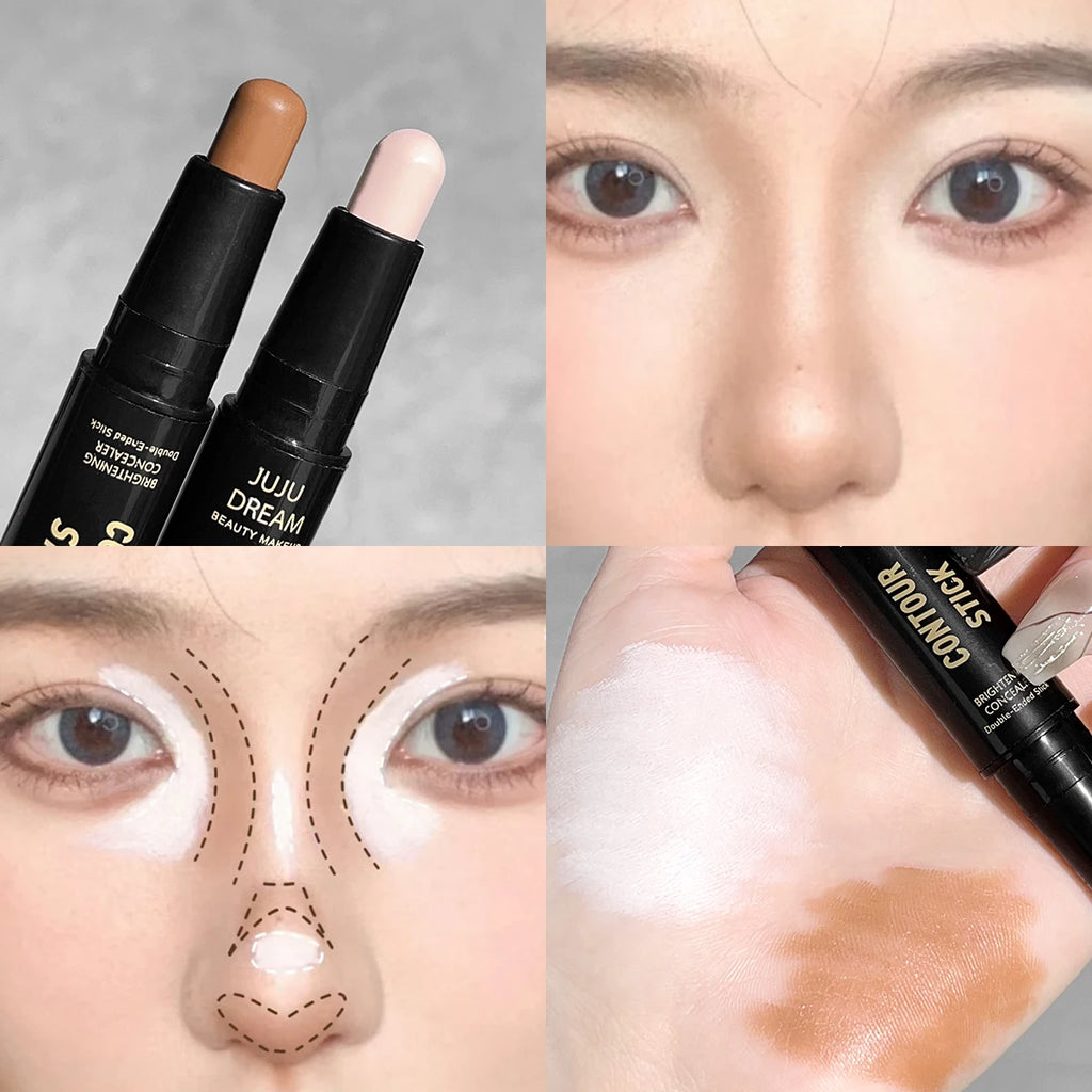 Stick contorno doble punta, base facial, corrector, ojeras, contouring y maquillaje de larga duración