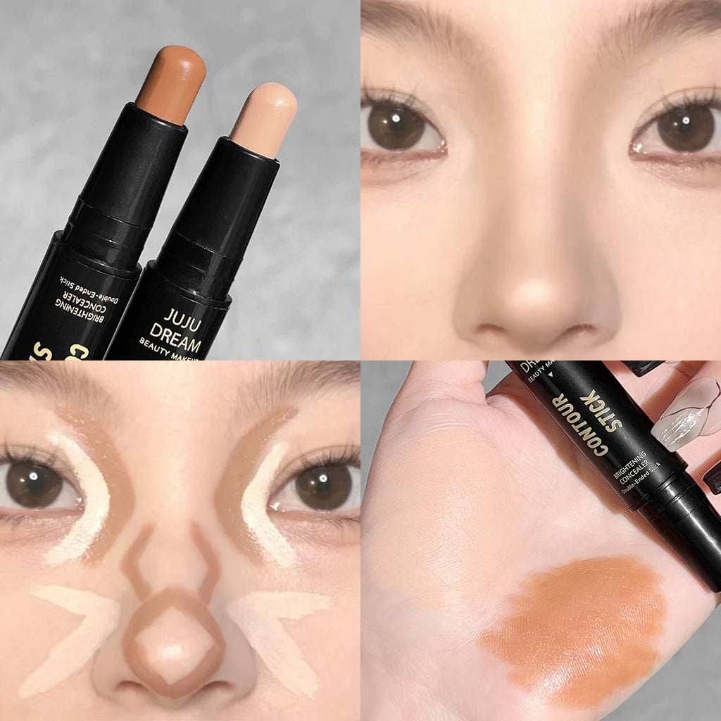 Stick contorno doble punta, base facial, corrector, ojeras, contouring y maquillaje de larga duración