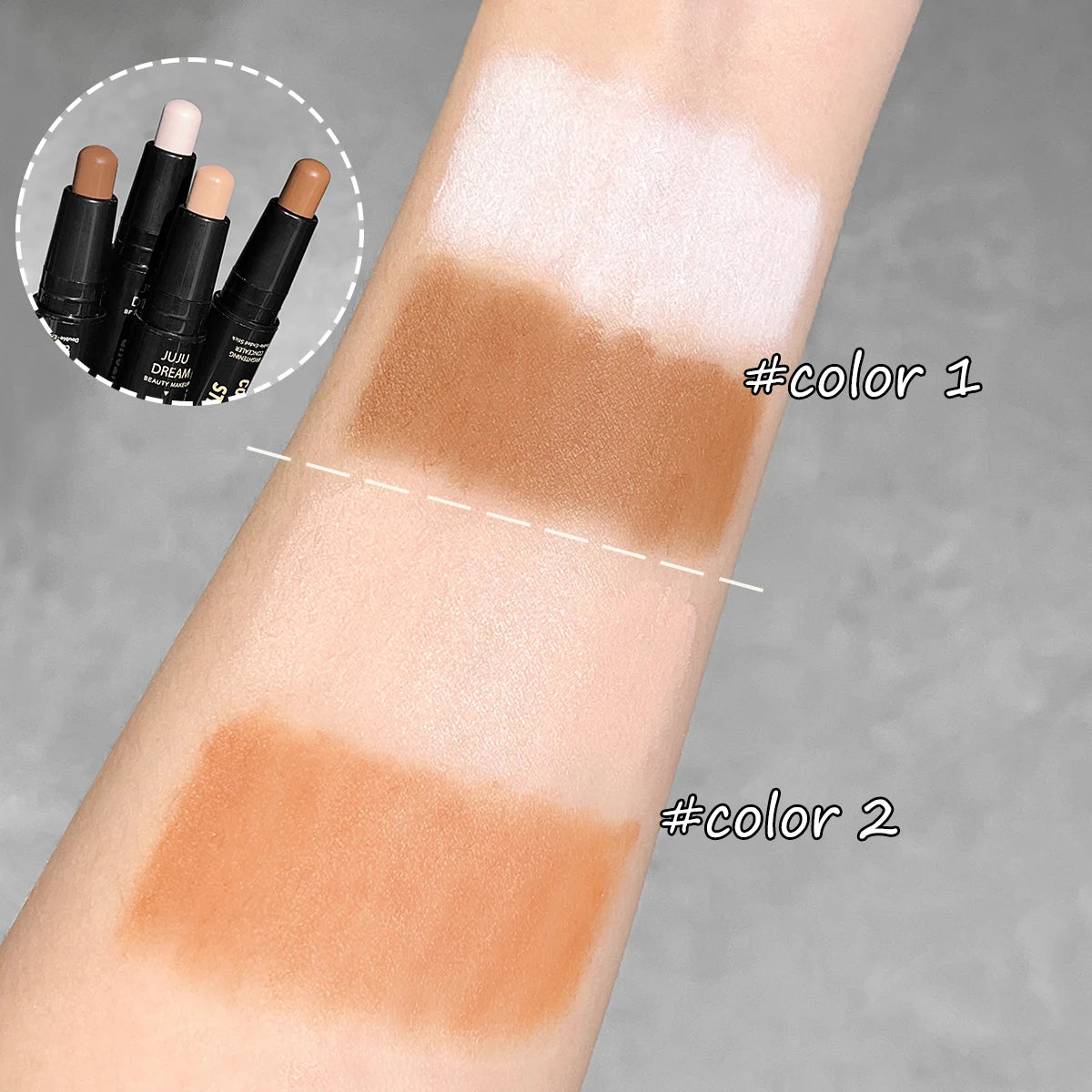 Stick contorno doble punta, base facial, corrector, ojeras, contouring y maquillaje de larga duración
