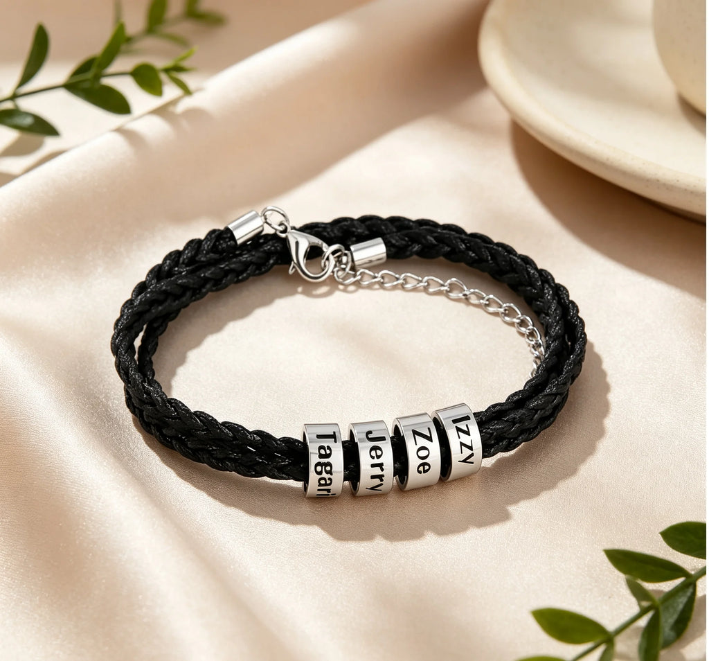 MaiLun Pulsera trenzada para hombre con cuentas de nombres familiares personalizados, joya regalo para padre o novio