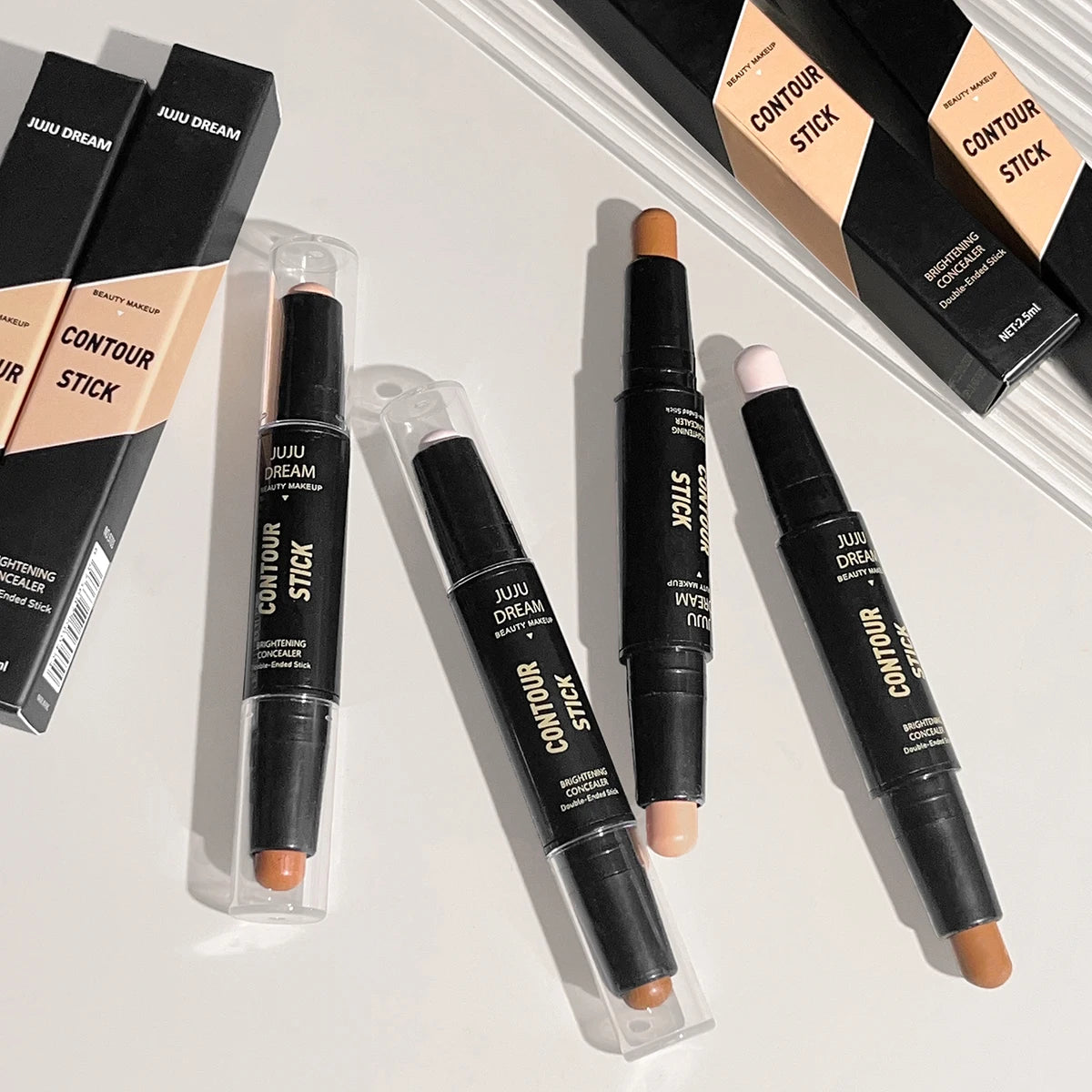 Stick contorno doble punta, base facial, corrector, ojeras, contouring y maquillaje de larga duración