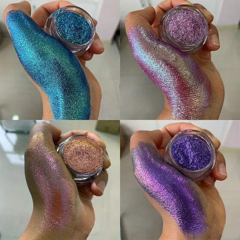 Polvo glitter aurora camaleón vibrante, degradado multicolor, tonos mora, morado, azul y verde, maquillaje corporal deslumbrante