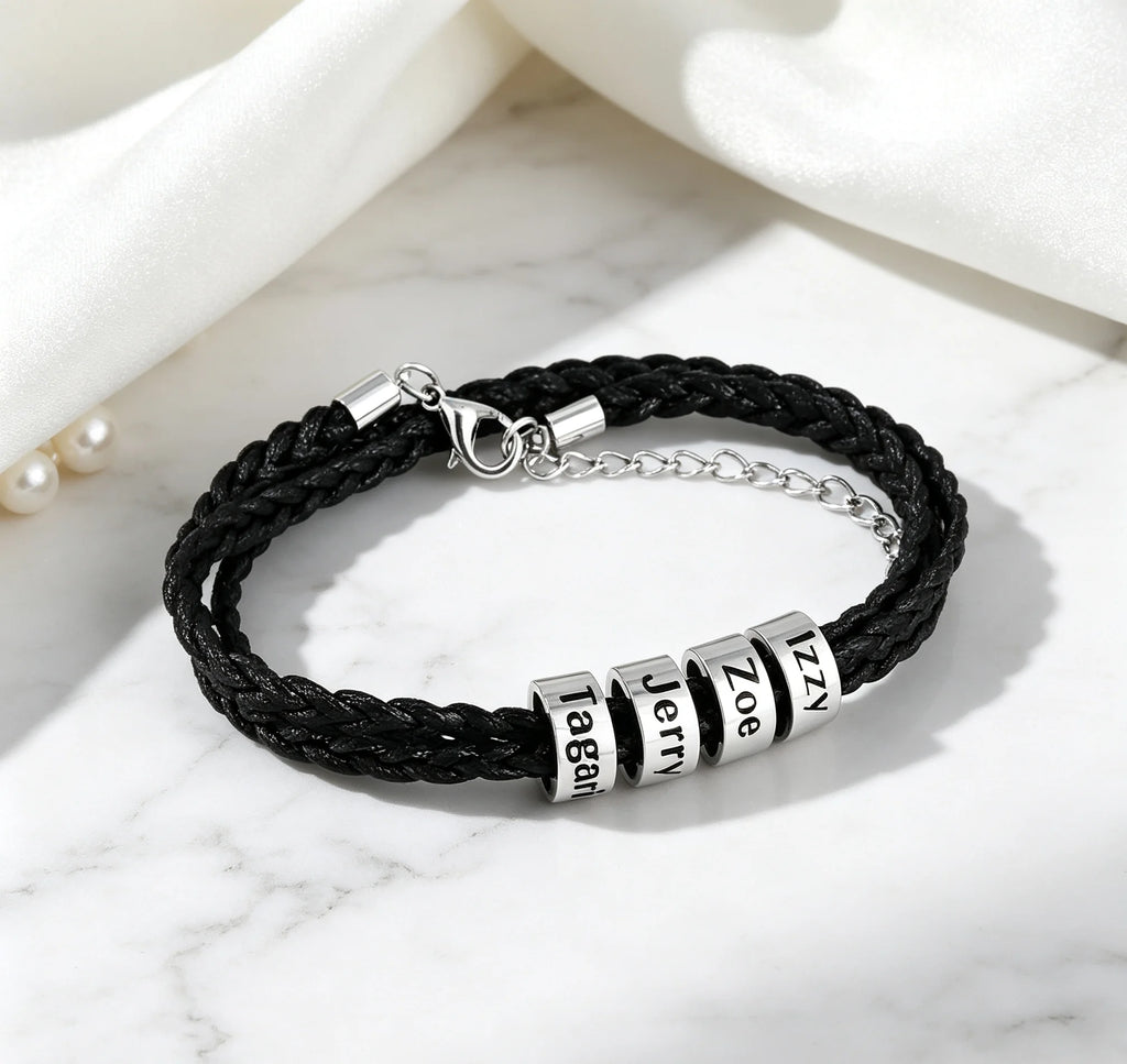 MaiLun Pulsera trenzada para hombre con cuentas de nombres familiares personalizados, joya regalo para padre o novio
