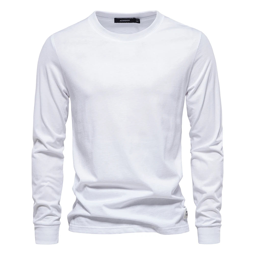 AIOPESON Camiseta de algodón lisa para hombre, cuello redondo, manga larga, casual, primavera-otoño, alta calidad
