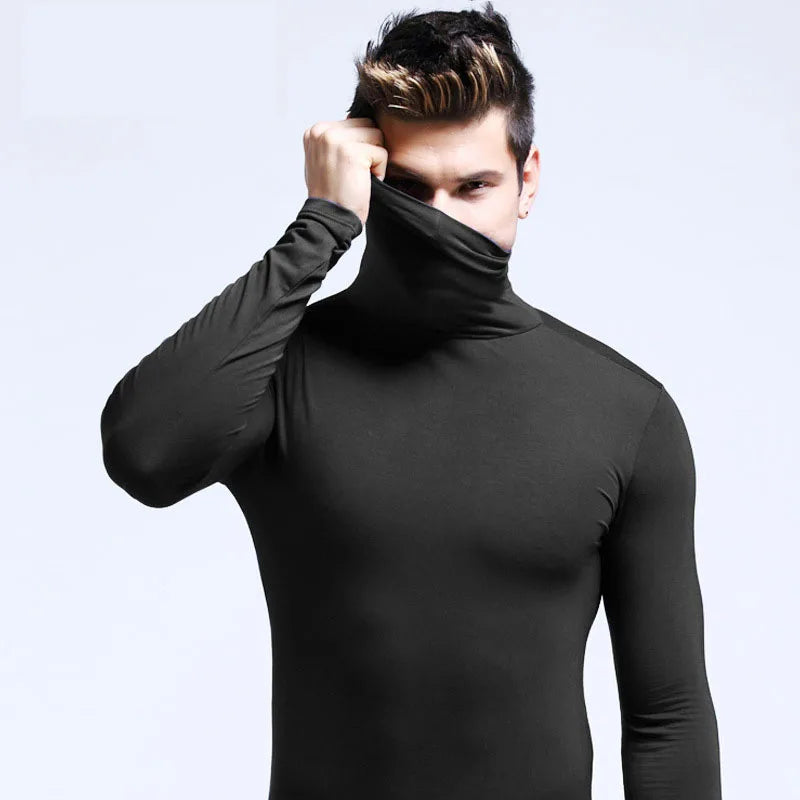 Camiseta térmica de hombre de manga larga con cuello alto, de modal fino, ideal para otoño e invierno. Diseño ajustado y elegante