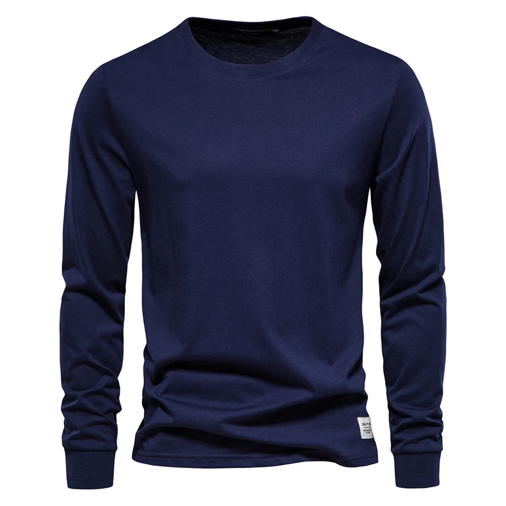 AIOPESON Camiseta de algodón lisa para hombre, cuello redondo, manga larga, casual, primavera-otoño, alta calidad