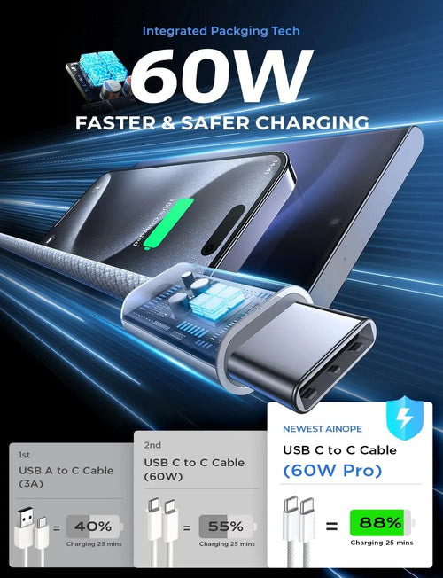 Cable USB-C a Tipo C carga rápida 60W PD 6A para iPhone 18 17 16 15 Pro MAX, Samsung S26 y Xiaomi