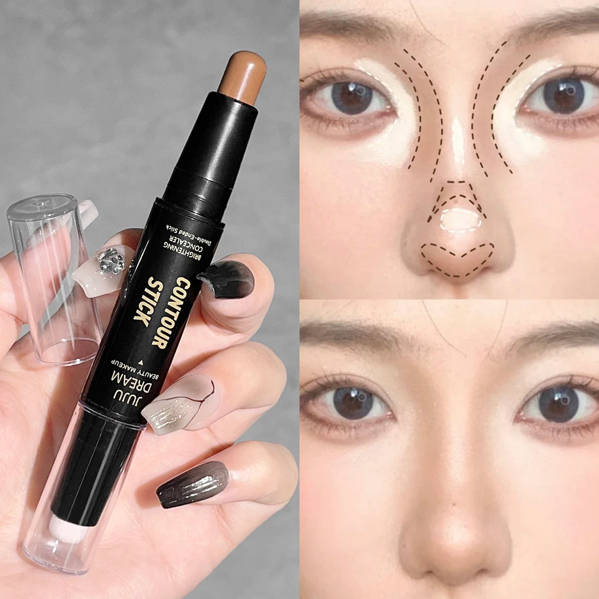 Stick contorno doble punta, base facial, corrector, ojeras, contouring y maquillaje de larga duración