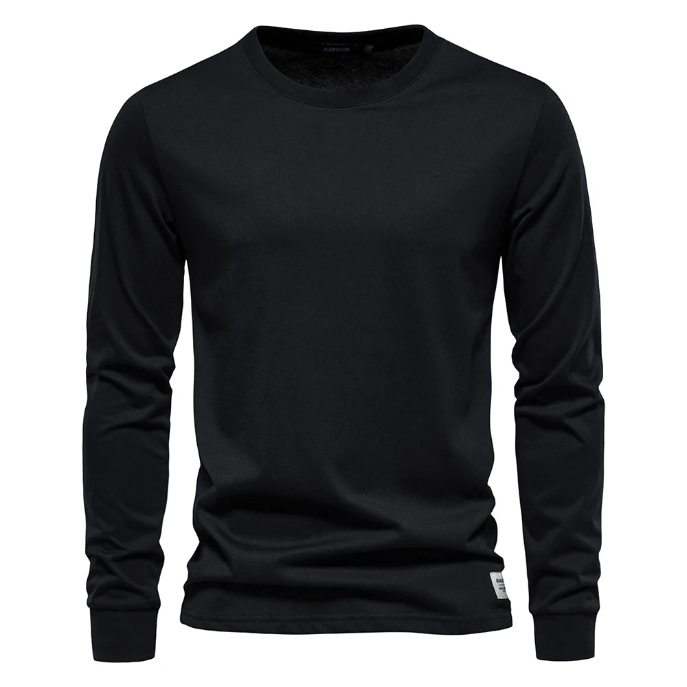 AIOPESON Camiseta de algodón lisa para hombre, cuello redondo, manga larga, casual, primavera-otoño, alta calidad